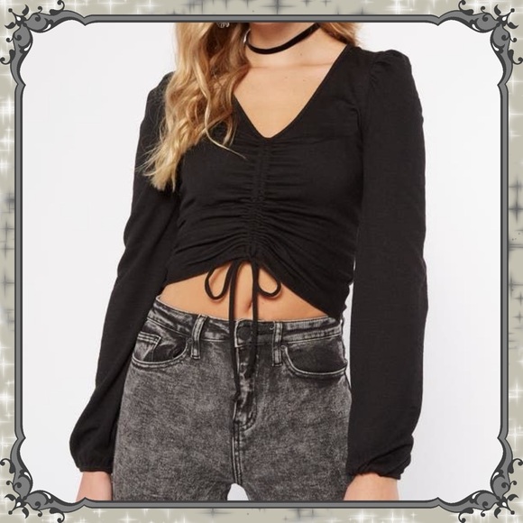 Tops - Ruched Cropped Blouse Top Tie String Front Long Billowy Sleeve Cinched Shirt Tee